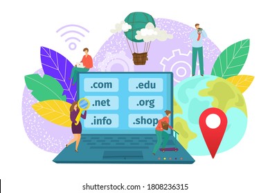 Domain web name registration concept, website hosting icons in laptop and network people, vector illustration. SEo, internet technology, www information on server. Registrate domaine name online.