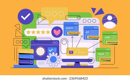 Domain web name registration concept, website hosting and domain. Flat vector illustration