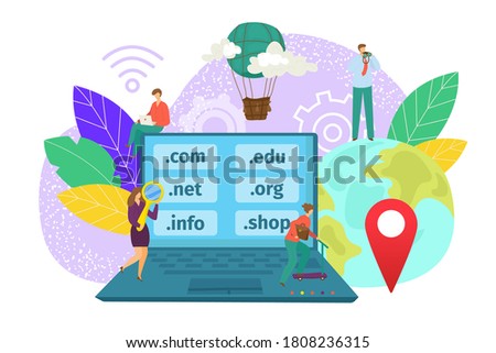 Domain web name registration concept, website hosting icons in laptop and network people, vector illustration. SEo, internet technology, www information on server. Registrate domaine name online.