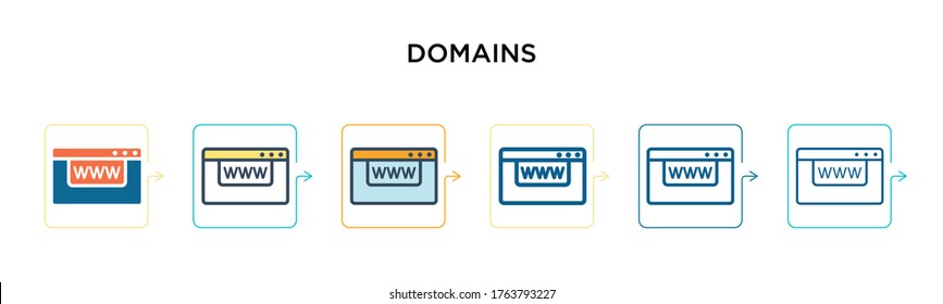 Domains vector icon in 6 different modern styles. Black, two colored domains icons designed in filled, outline, line and stroke style. Vector illustration can be used for web, mobile, ui