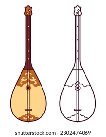 Dombra, traditional Kazakh string musical instrument. Color and black and white drawing. Vector clip art illustration.