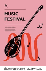 dombyra, folk. Music festival poster. String musical instruments. Competition. A set of vector illustrations. Minimalistic design. Banner, flyer, cover, print.