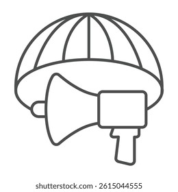Dome cap and loudspeaker thin line icon, neural dataset concept. Vector graphics. Target audience data analysis, promotion sign on white background, outline style icon for mobile or web design