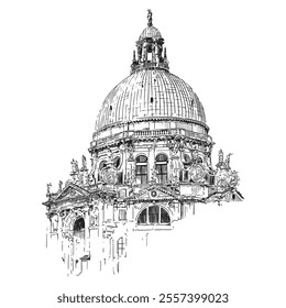 The dome of the cathedral in the classical style with arches, statues and clocks. Church of St. Mary the Savior. Sketch on a white background.