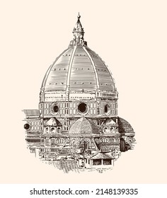 Dome of the Cathedral of Santa Maria del Fiore in Florence. Italy. Quick hand sketch isolated on beige background.