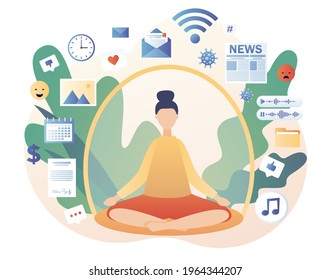 Dome filter protects woman from unnecessary information. Information detox. Digital detox. Information overload concept.  Meditation. Modern flat cartoon style. Vector illustration on white background svg