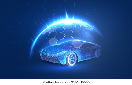 Dome force field over the car in a futuristic polygonal style. Power protect shield concept of care and vehicle insurance against risks. Vector illustration with light effect and neon.