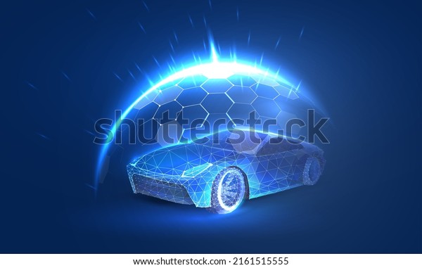 Dome\
force field over the car in a futuristic polygonal style. Power\
protect shield concept of care and vehicle insurance against risks.\
Vector illustration with light effect and\
neon.