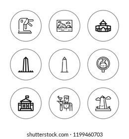 Dome icon set. collection of 9 outline dome icons with dome, herpetarium, igloo, waiter, white house, washington monument, washington icons. editable icons.