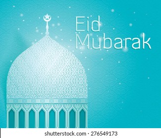 Dome Mosque covered with floral and geometric ornament and text Eid Mubarak