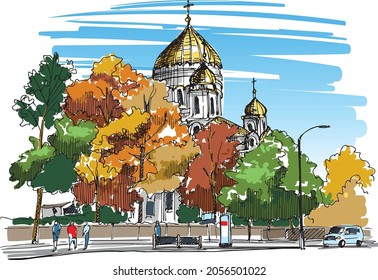 Dome of the Orthodox Cathedral behind the trees - from a pedestrian point of view