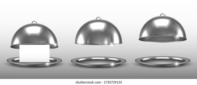 Dome for restaurant dishes set. Vector realistic silver cloche.