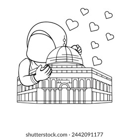 Dome of the rock at Al-Aqsa mosque -Palestine , a liitle girl holding mosque coloring page