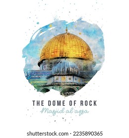 Dome of dome of the rock architecture Mosque is a landmark in Old City of Jerusalem, prophet of people,  Watercolor painting digital download Vector islamic illustration,