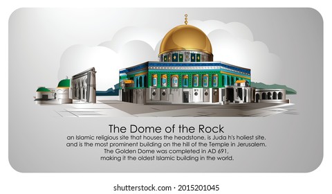 Dome of the rock color drawing with vector. an Islamic religious site that houses the headstone.