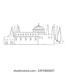 Dome of the Rock in old town of Jerusalem with ancient walls and houses with cypress and thuja trees line vector illustration in black and white. Monochrome flat cityscape of Israel capital city