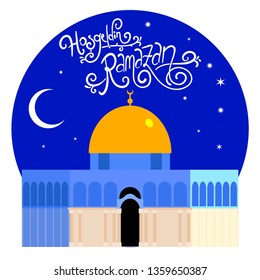 The Dome of the Rock (Qubbet el-Sakhra) Minimalist Vectoral Illustration with Handmade Typography "Hosgeldin Ramazan" Type.