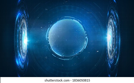 Dome shield geometric on a blue futuristic background. Hologram Bubble shield. Blank display, stage for show product in futuristic cyberpunk style. Cover concept in technological game style. Vector 3d