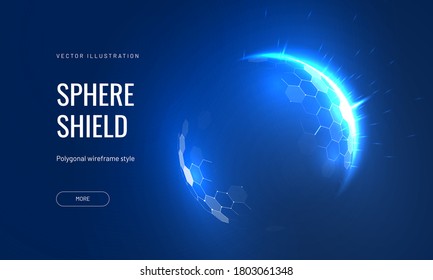 Dome shield geometric  vector illustration on a blue background. Bubble shield futuristic for protection in an abstract glowing style. Landing page and cover in tech style
