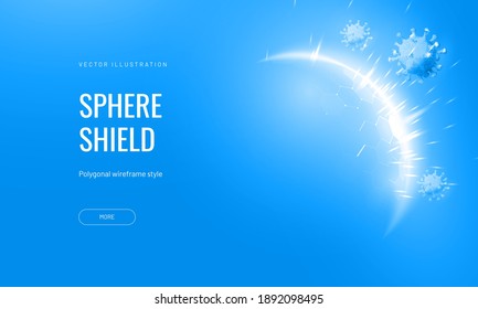 Dome shield geometric vector illustration on a blue background. Bubble shield futuristic for protection in an abstract glowing style. Landing page and cover in tech style