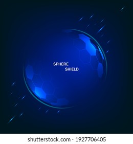 Dome shield geometric vector illustration on a blue background. Bubble shield futuristic for protection in an abstract glowing style. Landing page and cover in tech style