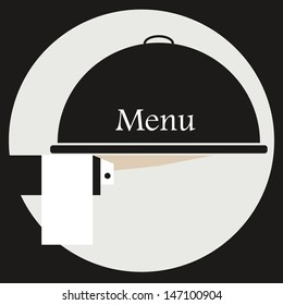 dome sustained by the hand of a waiter in a white suit and black with white cloth, white and black.