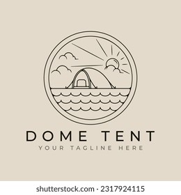 dome tent outdoor line art logo design with sun burst and cloud minimalist style logo vector illustration design svg