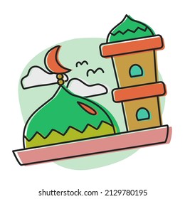 Dome and tower of mosque Islam religion with moon handdrawing style