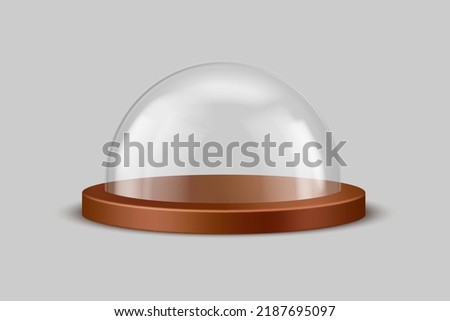 Dome of transparent glass, presentation case with reflection on wooden tray. 3D realistic exhibition display of spherical shape, eating cloche of glass, food trap