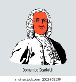 Domenico Scarlatti foi um compositor e cravista italiano. Seu estilo de composição teve uma grande influência na música da era clássica. Ilustração de vetor desenhada à mão