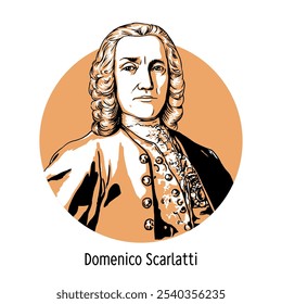 Domenico Scarlatti foi um compositor e cravista italiano. Seu estilo teve uma grande influência na música da era clássica. Ilustração de vetor desenhada à mão