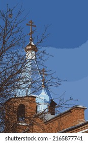 Domes Of An Orthodox Church In Winter Through The Branches Of A Tree. Building And Enclosure Of Red Brick Masonry. Vector.