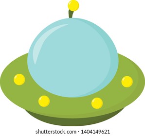 A dome-shaped alien spacecraft in blue, green, and yellow colors with a white exclamation mark is all set ready for carrying extraterrestrials, vector, color drawing or illustration.