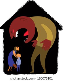 Domestic abuse. Male monster yelling at woman and child representing domestic abuse, abstract house background, vector illustration