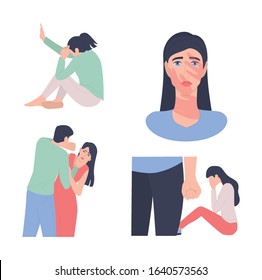Domestic abuse set. World social gender problem. Stop abuse and crime against women. Man had committed aggression on women. Cartoon vector illustration on flat style.