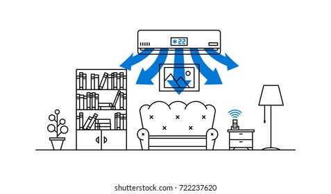 Domestic air conditioner vector illustration. Living room with air conditioner appliance line art concept.
