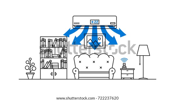 家庭用エアコンのベクターイラスト リビングルームとエアコンのラインアートコンセプト のベクター画像素材 ロイヤリティフリー
