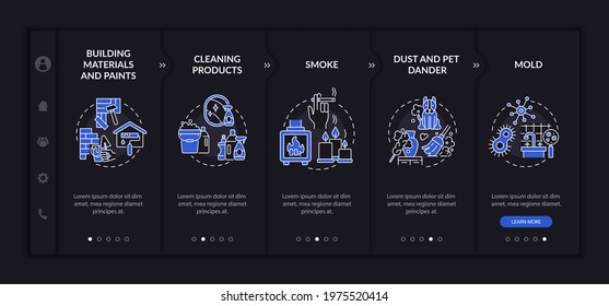 Domestic air pollutants onboarding vector template. Responsive mobile website with icons. Web page walkthrough 5 step screens. Dust, pet dander, paints night mode concept with linear illustrations