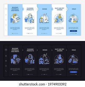 Domestic air pollution onboarding vector template. Responsive mobile website with icons. Web page walkthrough 5 step screens. Building materials night and day mode concept with linear illustrations