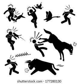 Domestic Animal Attacking Hurting Human Stick Figure Pictogram Icon