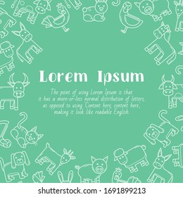 Domestic animal - card with text and vector outline illustrations of pets for graphic design