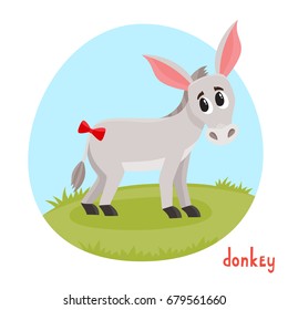 Domestic animal in cartoon style. Vector illustration of donkey isolated on white. Cute zoo alphabet, letter D. Illustration used for magazine, poster, card, book, web pages.
