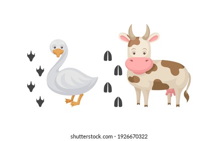 Domestic Animal with Cow and Goose and Their Footprints Vector Set