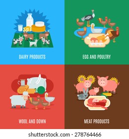 Domestic animal design concept set with dairy meat products eggs wool down and poultry flat icons isolated vector illustration