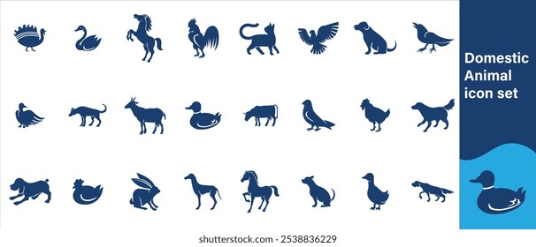 Domestic Animal editable  outline web icons set. Cow, goat, pig, hen, goose, horse, chicken, rooster and sheep. Vector illustration