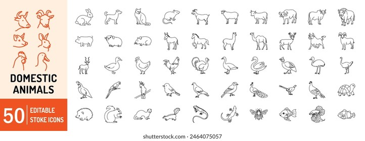 Domestic Animal editable stroke outline web icons set. Cow, goat, pig, hen, goose, horse, chicken, rooster and sheep. Vector illustration