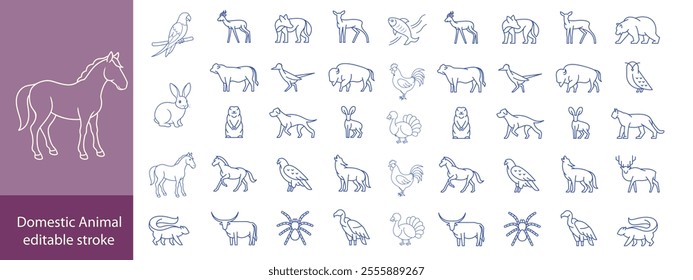 Domestic Animal editable stroke outline web icons set. Cow, goat, pig, hen, goose, horse, chicken, rooster and sheep. Vector illustration