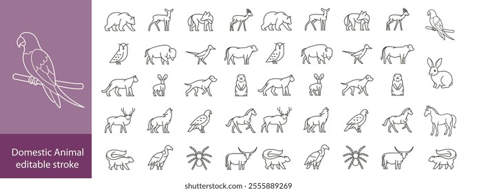 Domestic Animal editable stroke outline web icons set. Cow, goat, pig, hen, goose, horse, chicken, rooster and sheep. Vector illustration