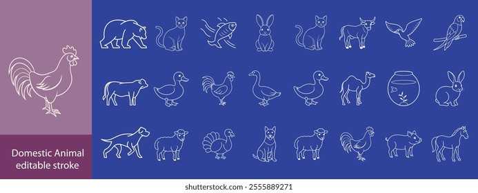 Domestic Animal editable stroke outline web icons set. Cow, goat, pig, hen, goose, horse, chicken, rooster and sheep. Vector illustration