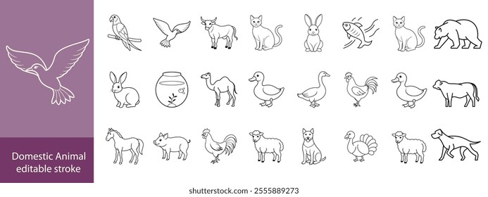 Domestic Animal editable stroke outline web icons set. Cow, goat, pig, hen, goose, horse, chicken, rooster and sheep. Vector illustration